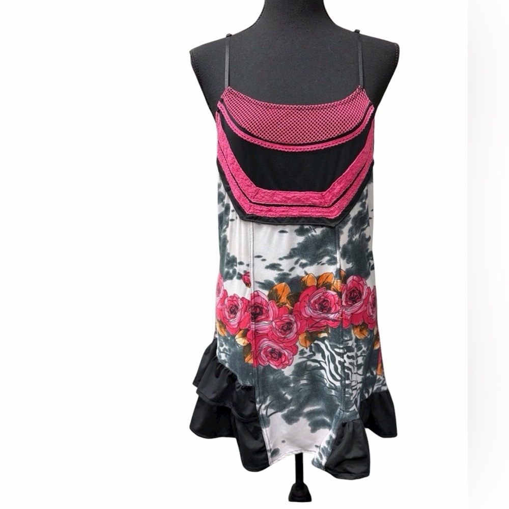 Bacci Unique Summer Pink Floral & Black Whimsical Ruffle Hem Dress Size L